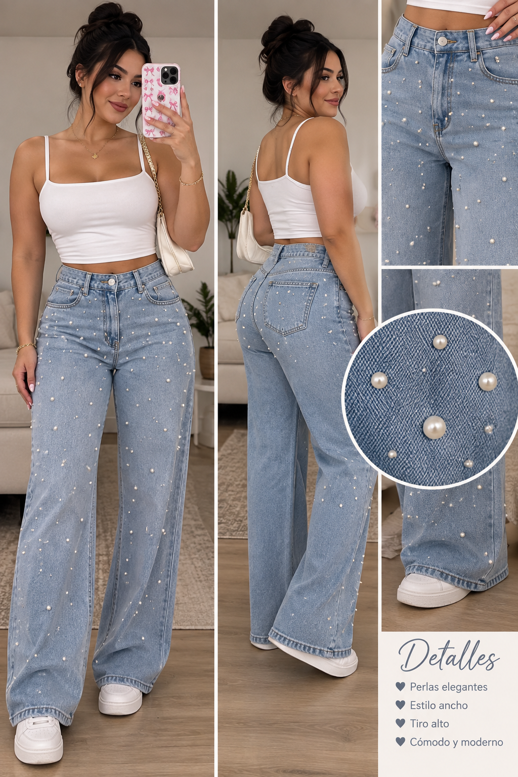 Jeans Wide Leg para Mujer con Detalles de Perlas XL