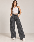 Women’s Washed Black Cargo Jeans – Wide Leg Multi-Pocket XL