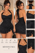 Black Floral Halter Mini Dress with Ruffle Detail L/XL