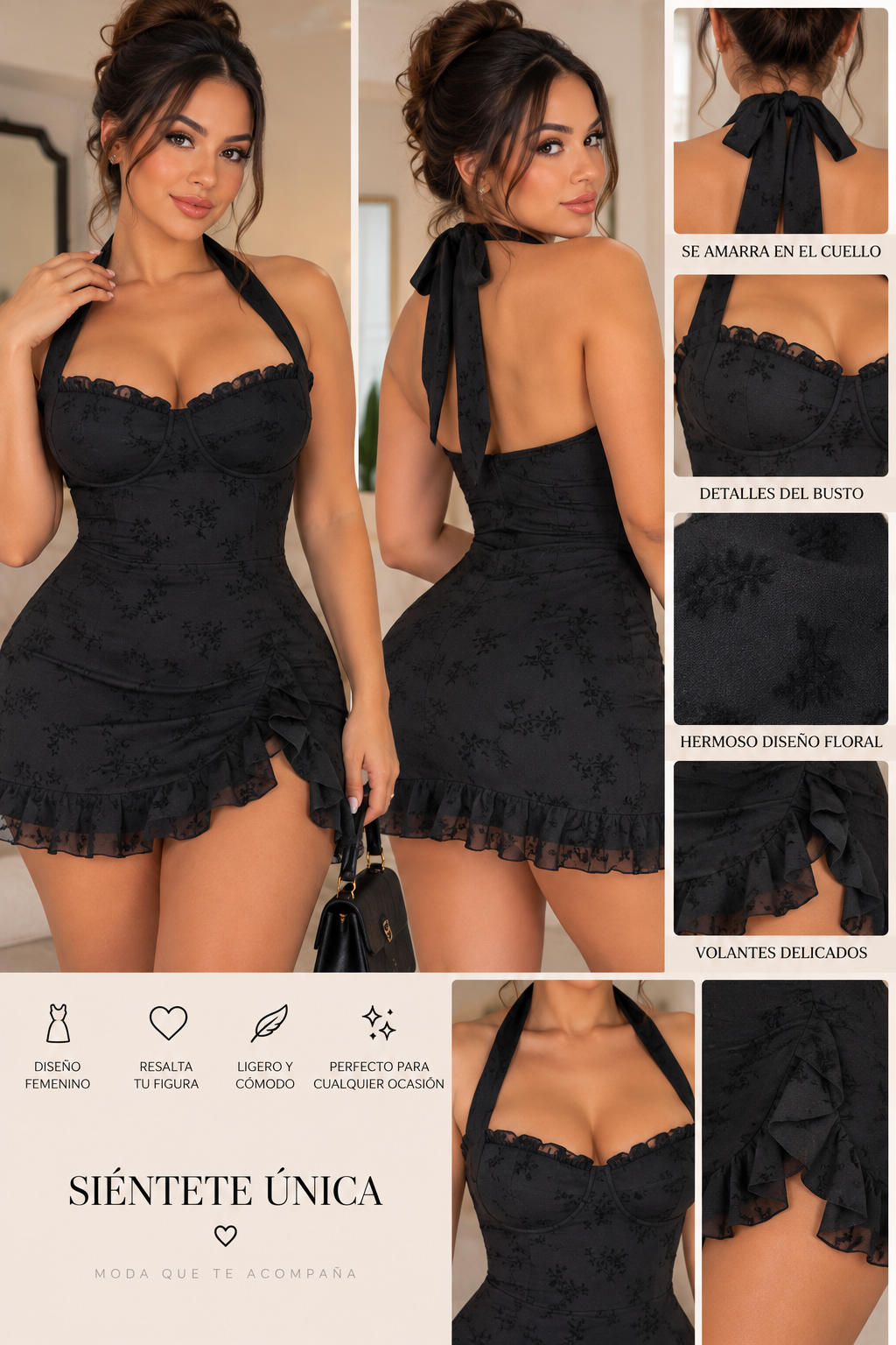 Black Floral Halter Mini Dress with Ruffle Detail L/XL